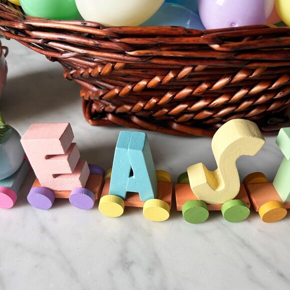 Easter Table Decor Wicker Basket - Plastic Eggs - Bunny Dishes - Wooden Letters - Picture 9 of 15